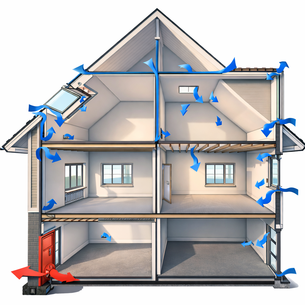 Test Blower Door realizat într-o locuință, cu măsurarea infiltrațiilor de aer și interpretarea valorii n50 pentru eficiență energetică