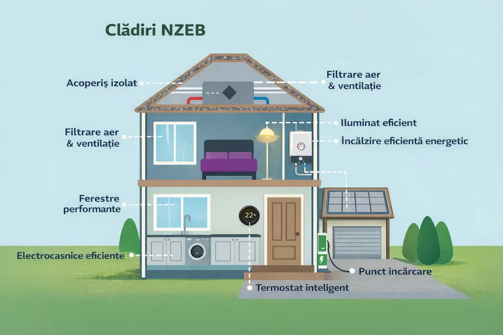 Cladire NZEB cu panouri fotovoltaice si consum energetic redus